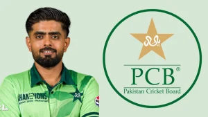 Babar Azam in Pakistan team jersey next to the Pakistan Cricket Board (PCB) logo on a light green background.