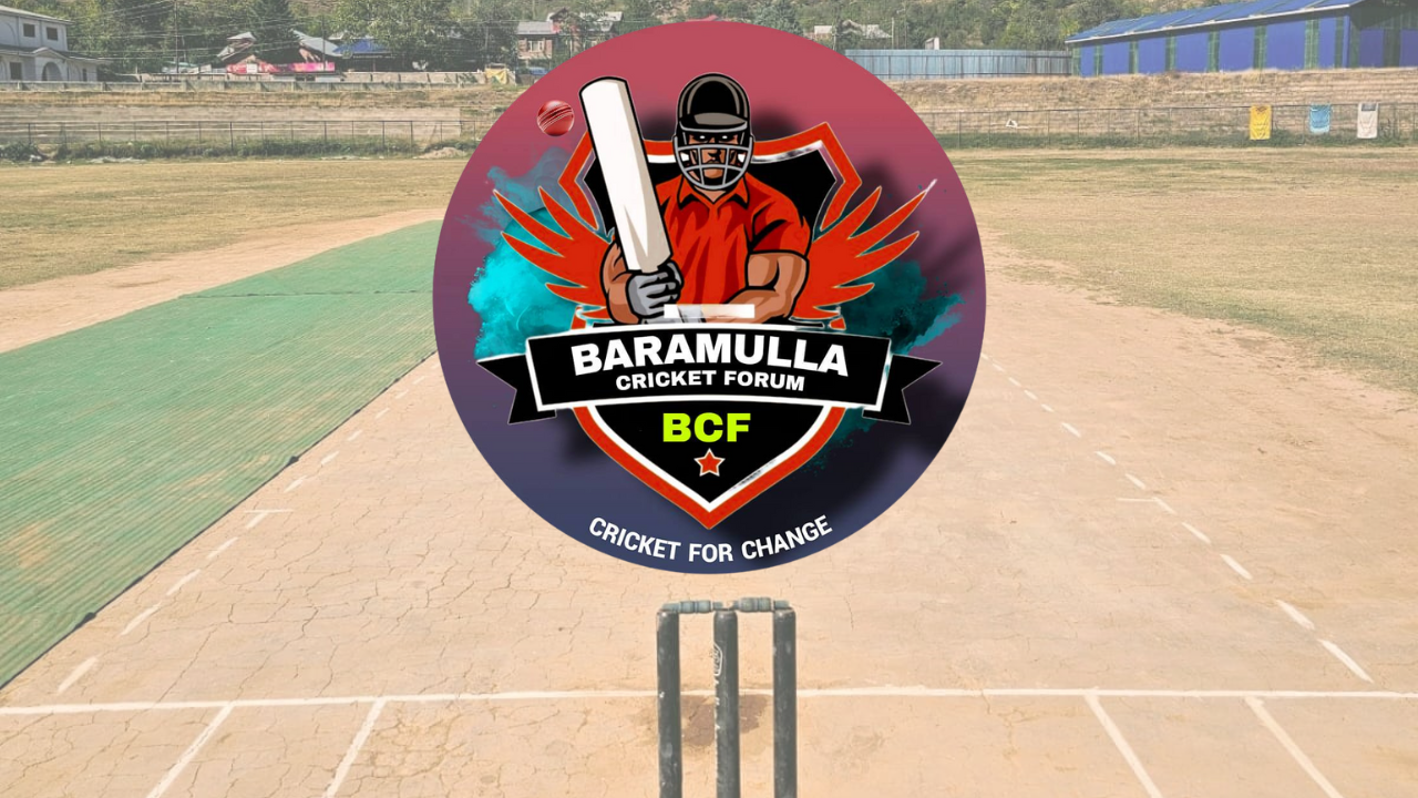 Baramulla Cricket Forum (BCF) logo displayed over the pitch at General Bipin Rawat Stadium with the slogan Cricket for Change