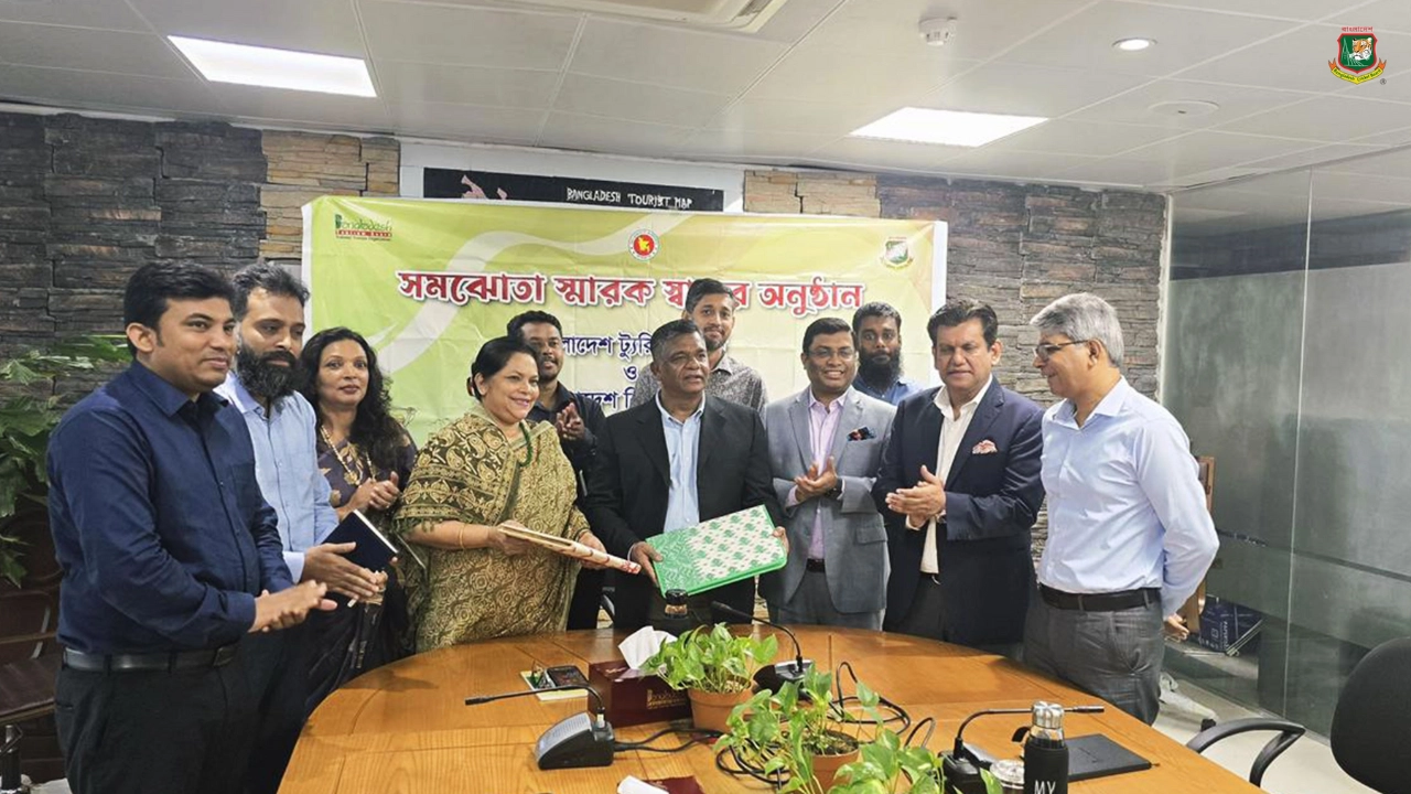 Officials from the Bangladesh Cricket Board and Bangladesh Tourism Board at an MoU signing ceremony, including Md Aminul Islam, Nizam Uddin Chowdhury, and Nuzhat Yasmin.