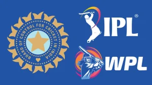 Official logos of BCCI, Indian Premier League (IPL), and Women's Premier League (WPL) on a blue background representing Indian cricket governance and tournaments.