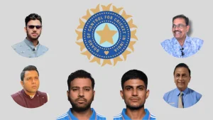 Collage featuring BCCI logo with Indian cricketers and experts Shubman Gill, Rohit Sharma, Sunil Gavaskar, Aakash Chopra, Dilip Vengsarkar, and Manoj Tiwary