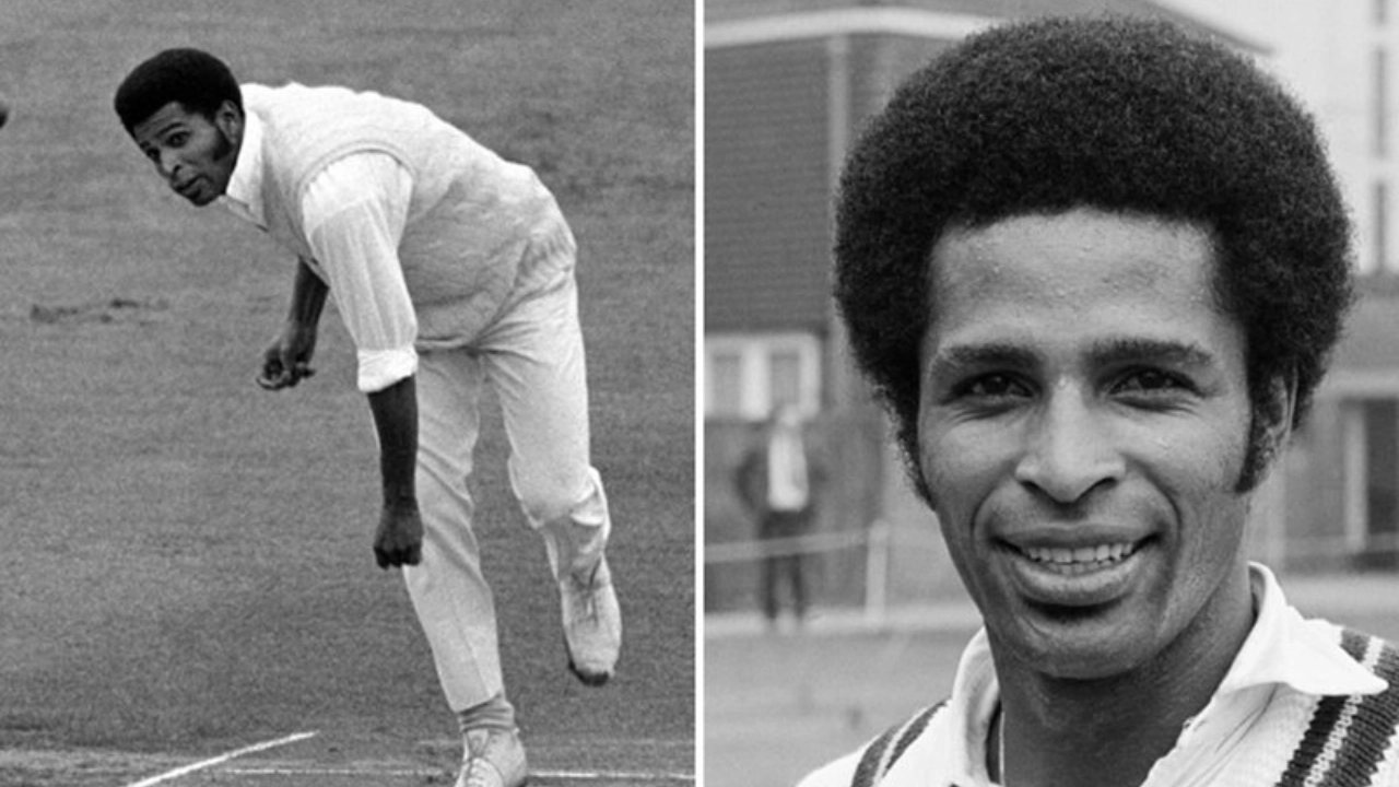 Black and white images of Bernard Julien, former West Indies cricketer, featuring him bowling and a close-up portrait in cricket gear.