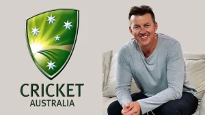 Former Australian cricketer Brett Lee sitting beside the Cricket Australia logo