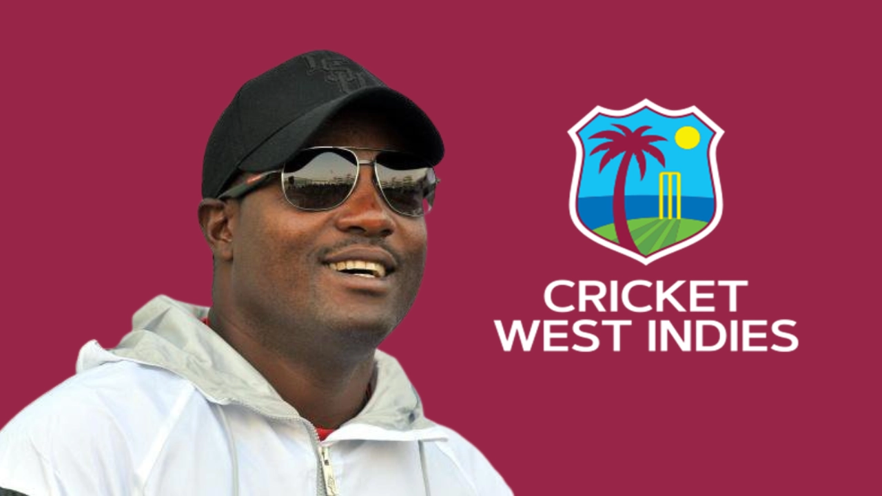 Brian Lara with the official Cricket West Indies (CWI) logo on a maroon background