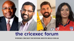 Brian Walters, Biju Nair, Liam Plunkett, and Anika Kolan featured in a promotional image for the Cricexec Forum 2025, showcasing leaders in cricket business and innovation.