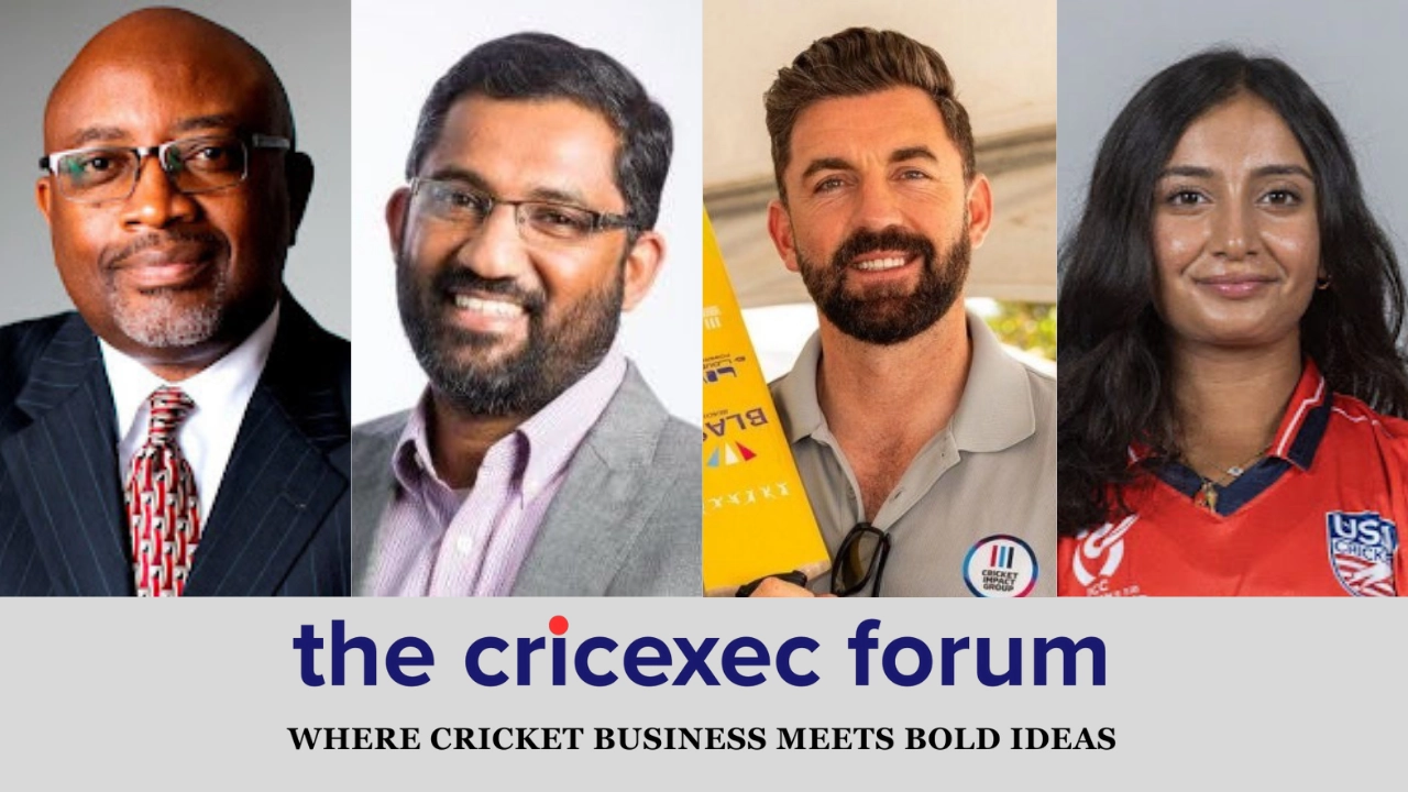 Brian Walters, Biju Nair, Liam Plunkett, and Anika Kolan featured in a promotional image for the Cricexec Forum 2025, showcasing leaders in cricket business and innovation.
