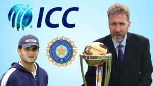 Chris Broad with the Cricket World Cup trophy and Sourav Ganguly, alongside BCCI and ICC logos on a blue background