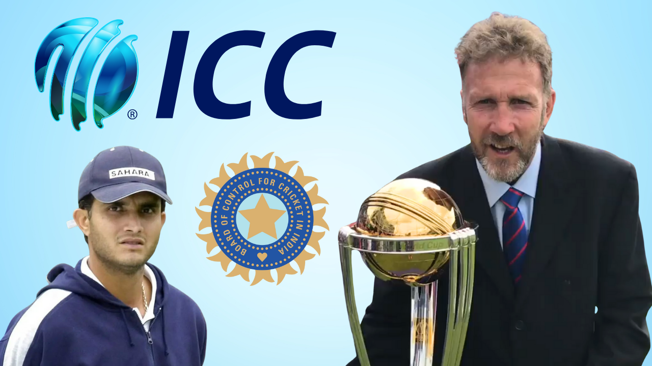 Chris Broad with the Cricket World Cup trophy and Sourav Ganguly, alongside BCCI and ICC logos on a blue background
