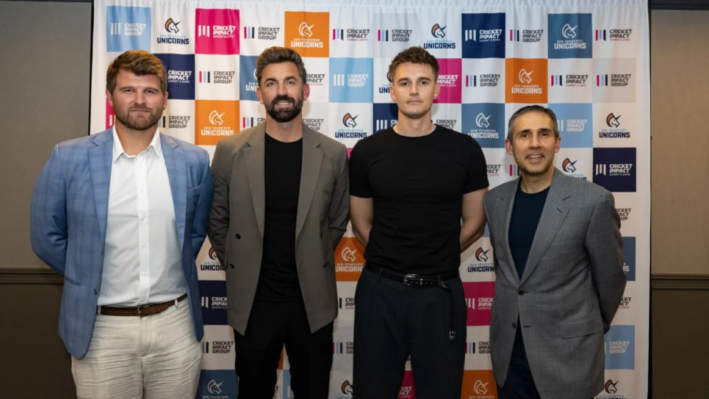 Corey Anderson, Carmi Le Roux, and Liam Plunkett pose for a photo during the players panel at the Cricket Impact Summit and Expo