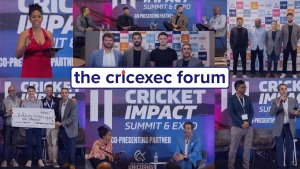 Collage of moments from the CricExec Forum at the Cricket Impact Summit and Expo, featuring panel discussions, speakers, group photos, and award presentations