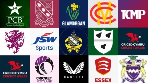 Collage of logos from cricket boards and clubs including PCB, Glamorgan, Cricket Wales, MCC, Cricket Scotland, Essex, and others.