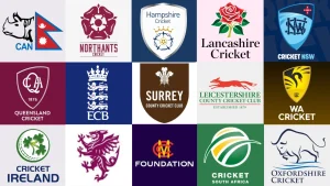 Collage of international and domestic cricket team logos, including Cricket South Africa, ECB, Cricket Ireland, Surrey, Lancashire, Hampshire, Queensland, and more, representing global cricket organizations in 2025.