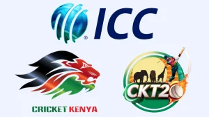 Logos of Cricket Kenya, ICC, and CKT20 tournament featuring a cricketer and African wildlife silhouettes