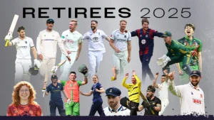 Collage of cricket players retiring in 2025, featuring men and women from various teams in celebratory poses with bats and uniforms