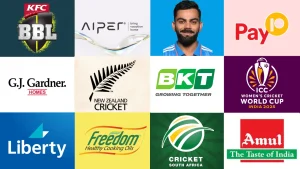 Collage of cricket boards, sponsors, and brands in 2025 featuring logos of BBL, ICC Women’s World Cup, New Zealand Cricket, Cricket South Africa, BKT, Pay10, Amul, Liberty, G.J. Gardner, Aiper, Freedom Oils, and Virat Kohli