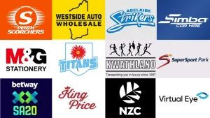 Collage of cricket team and sponsor logos including Perth Scorchers, Adelaide Strikers, Titans, Betway SA20, NZC, Virtual Eye, SuperSport Park, and others.