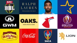 Collage of cricket-related sponsorship logos including ICC Women's World Cup 2025, BBL, Coca-Cola, and others