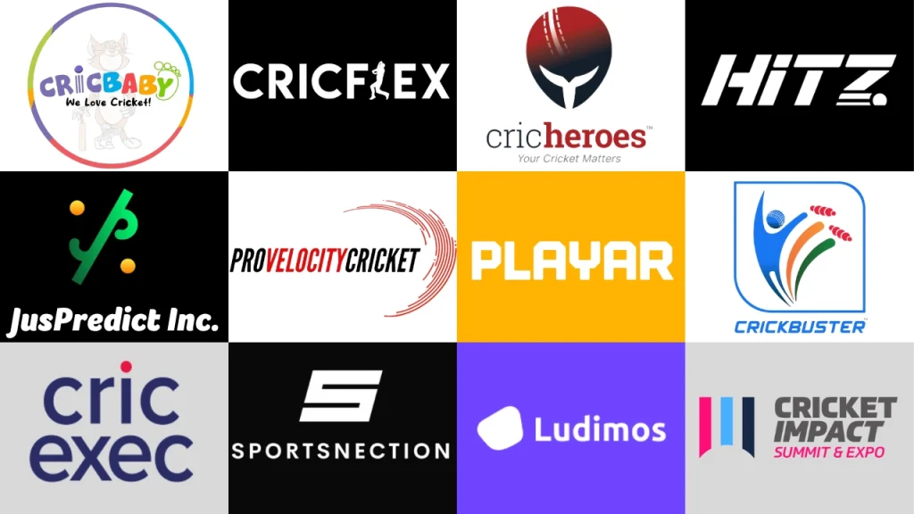 Logos of emerging cricket tech startups including CricBaby, CricFlex, CricHeroes, Hitz, JusPredict, ProVelocityCricket, Playar, Crickbuster, CricExec, SportsNection, Ludimos, and Cricket Impact Summit & Expo.