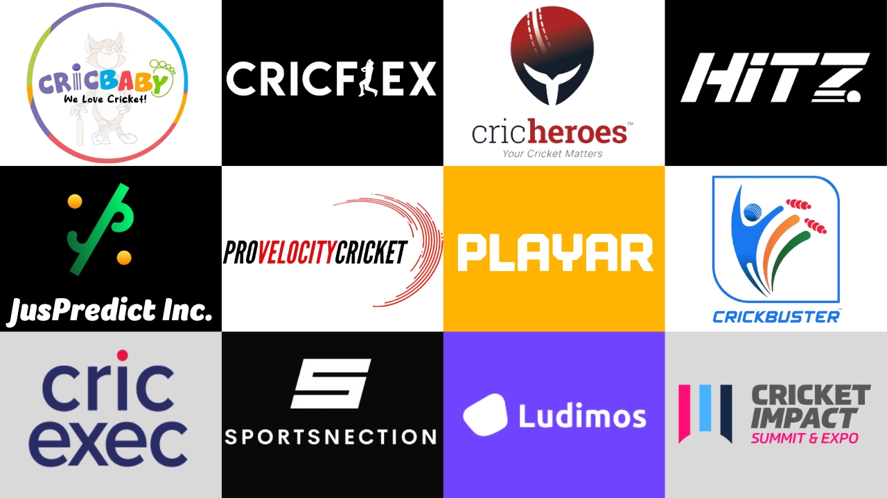 Logos of emerging cricket tech startups including CricBaby, CricFlex, CricHeroes, Hitz, JusPredict, ProVelocityCricket, Playar, Crickbuster, CricExec, SportsNection, Ludimos, and Cricket Impact Summit & Expo.