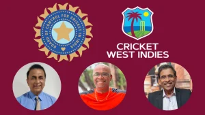 CWI and BCCI logos above Sunil Gavaskar, Ian Bishop, and Harsha Bhogle on maroon background