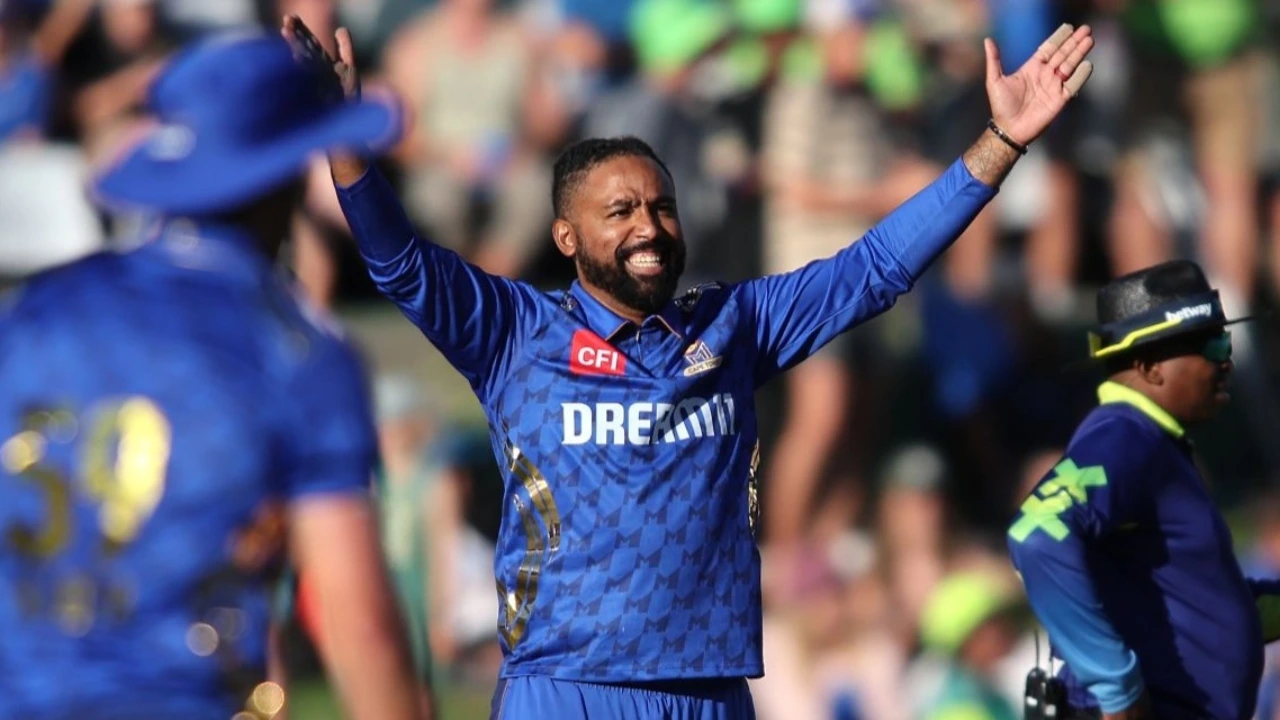Dane Piedt celebrates after taking a wicket while playing for MI Cape Town during an SA20 cricket match