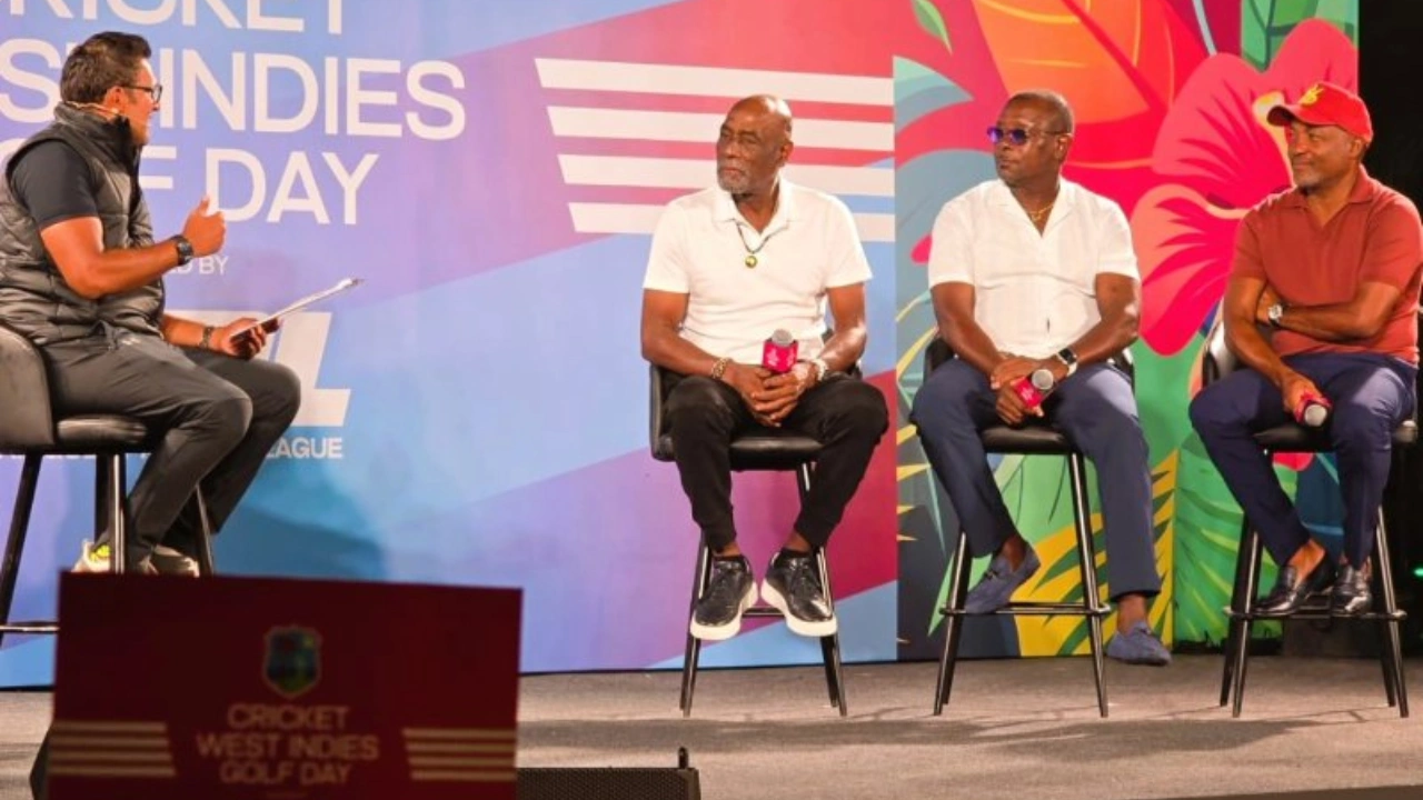 Darren Ganga interviewing Brian Lara, Sir Vivian Richards, and Sir Richie Richardson at a Cricket West Indies event
