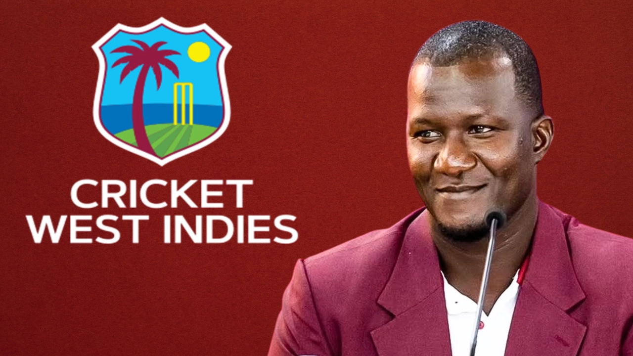 Darren Sammy speaking at a press conference with Cricket West Indies (CWI) logo in the background