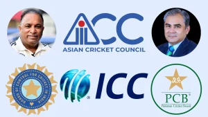 Devajit Saikia and Mohsin Naqvi with logos of the Asian Cricket Council (ACC), Board of Control for Cricket in India (BCCI), Pakistan Cricket Board (PCB), and International Cricket Council (ICC).