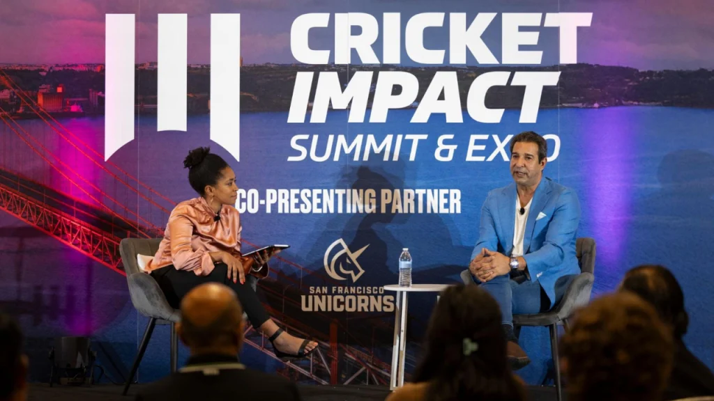 Ebony Rainford-Brent interviewing Wasim Akram on stage at the Cricket Impact Summit and Expo, presented by San Francisco Unicorns