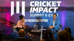 Ebony Rainford-Brent interviewing Wasim Akram on stage at the Cricket Impact Summit and Expo, presented by San Francisco Unicorns