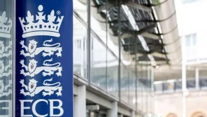 England and Wales Cricket Board (ECB) logo displayed outside the ECB headquarters building with modern glass architecture in the background.