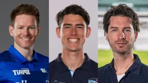 Side-by-side portraits of Eoin Morgan, Benji Hoppitt, and James Bailey, all dressed in team or professional attire.