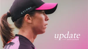 Erin Burns in a Sydney Sixers jersey and cap, profile view during WBBL update.