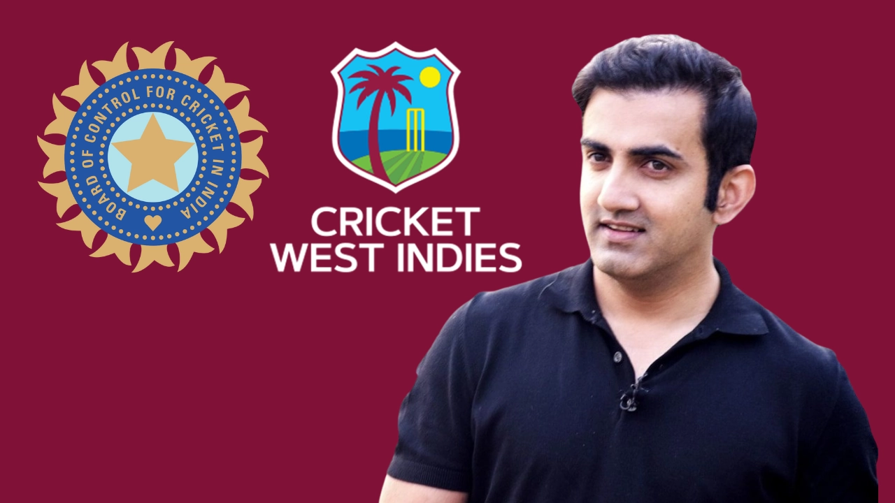 Gautam Gambhir with BCCI and Cricket West Indies logos on a maroon background, representing potential collaboration or involvement in 2025