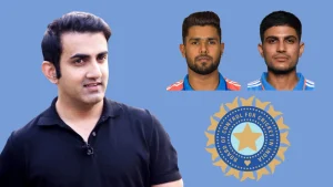 Gautam Gambhir, Harshit Rana, and Shubman Gill featured alongside the BCCI (Board of Control for Cricket in India) logo, representing key figures in Indian cricket.