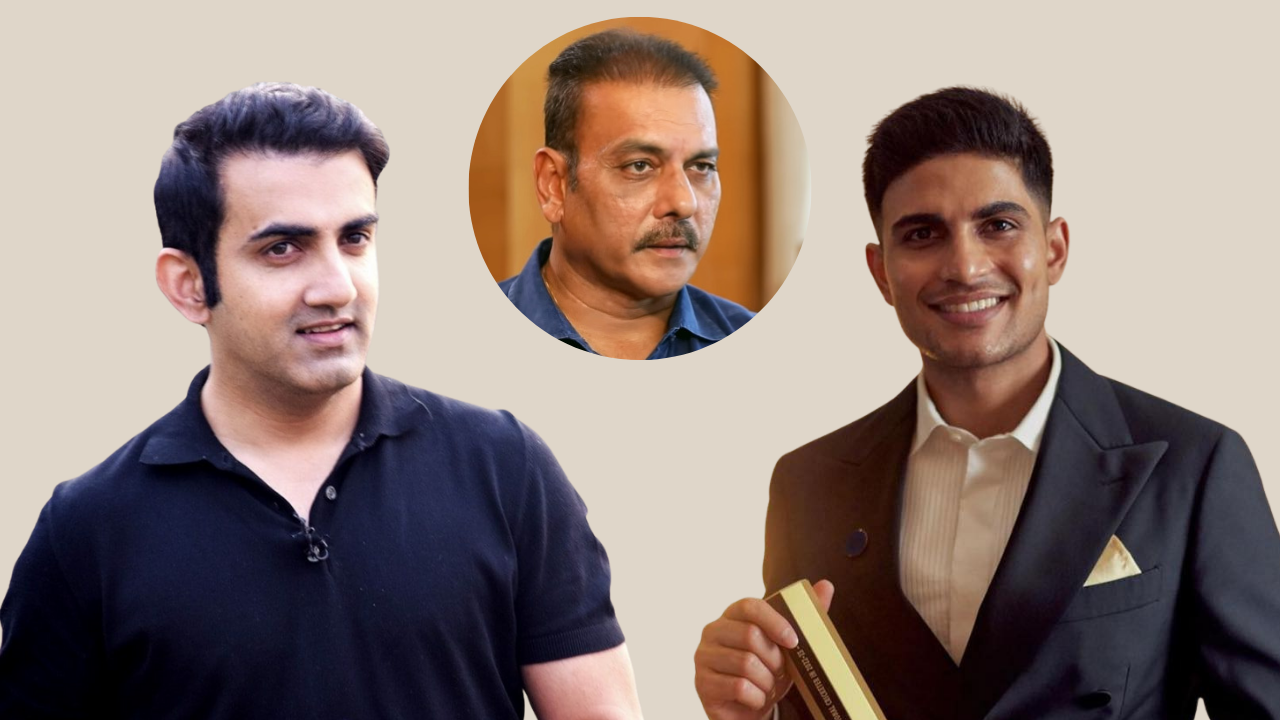Gautam Gambhir, Ravi Shastri, and Shubman Gill featured together in a collage highlighting key Indian cricket personalities