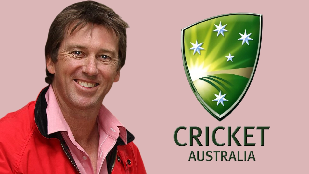 Glenn McGrath smiling next to the Cricket Australia logo on a pink background