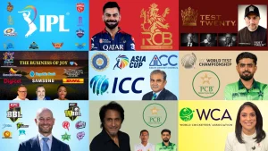 Collage of global cricket leagues, players, and logos including IPL, PCB, ICC, BBL, CPL, RCB, Asia Cup, and World Cricketers' Association with notable figures like Virat Kohli, Babar Azam, and others
