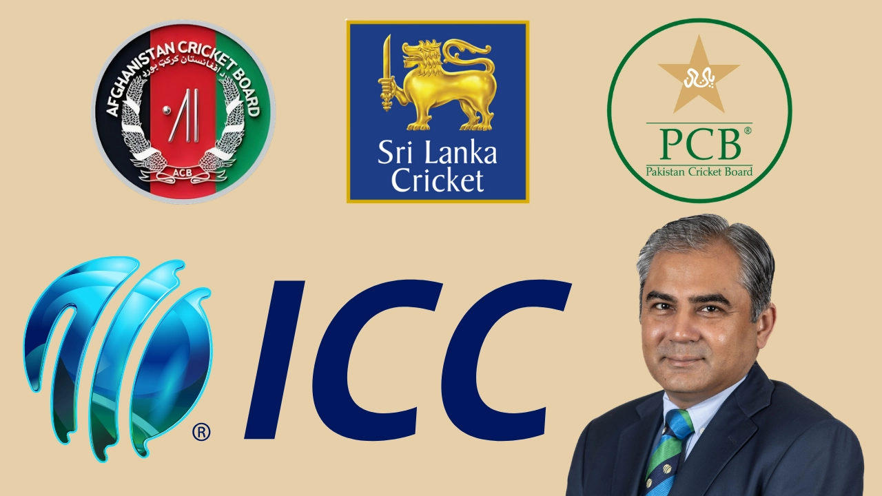 Mohsin Naqvi with ICC, Afghanistan Cricket Board, Pakistan Cricket Board, and Sri Lanka Cricket logos representing international cricket leadership in 2025