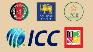 Logos of ICC, Afghanistan Cricket Board, Pakistan Cricket Board, Zimbabwe Cricket, and Sri Lanka Cricket displayed together, referencing cricket leadership and governance including Mohsin Naqvi.