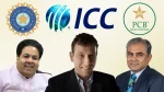Collage featuring ICC, BCCI, and PCB logos alongside Rajeev Shukla, Michael Atherton, and Mohsin Naqvi