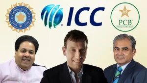 Collage featuring ICC, BCCI, and PCB logos alongside Rajeev Shukla, Michael Atherton, and Mohsin Naqvi