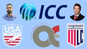 Logos of ICC, USA Cricket, American Cricket Enterprises, and Major League Cricket with Johnathan Atkinson and Srini Salver on blue background