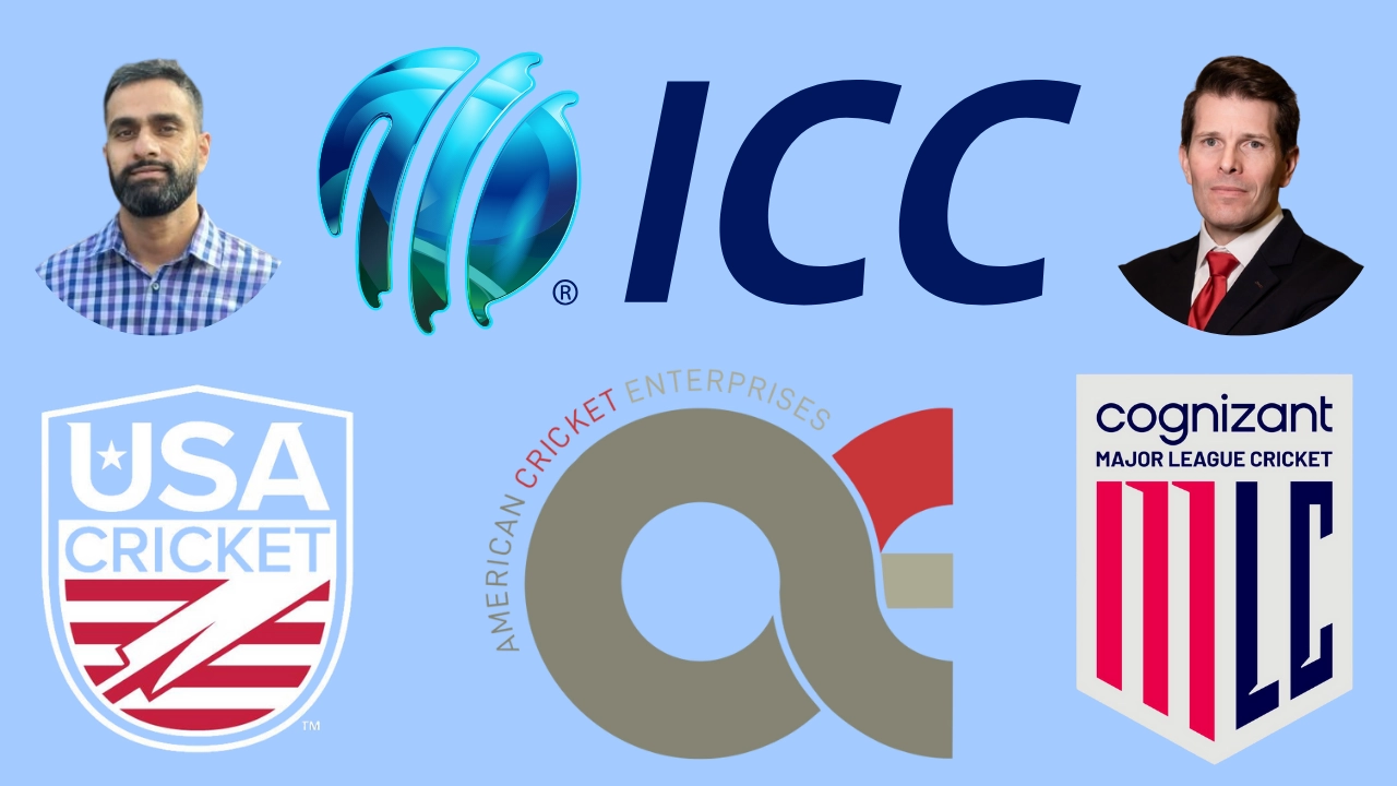 Logos of ICC, USA Cricket, American Cricket Enterprises, and Major League Cricket with Johnathan Atkinson and Srini Salver on blue background