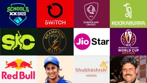 Logos of sponsors and cricket organizations including ICC Women’s Cricket World Cup India 2025, Red Bull, Jio, Queensland Cricket, and Kookaburra, along with images of Indian cricketers Smriti Mandhana and Kapil Dev.