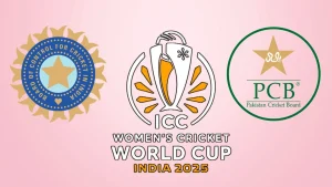 Logos of BCCI, PCB, and the ICC Women’s Cricket World Cup 2025 on a pink background, highlighting the tournament hosted in India.