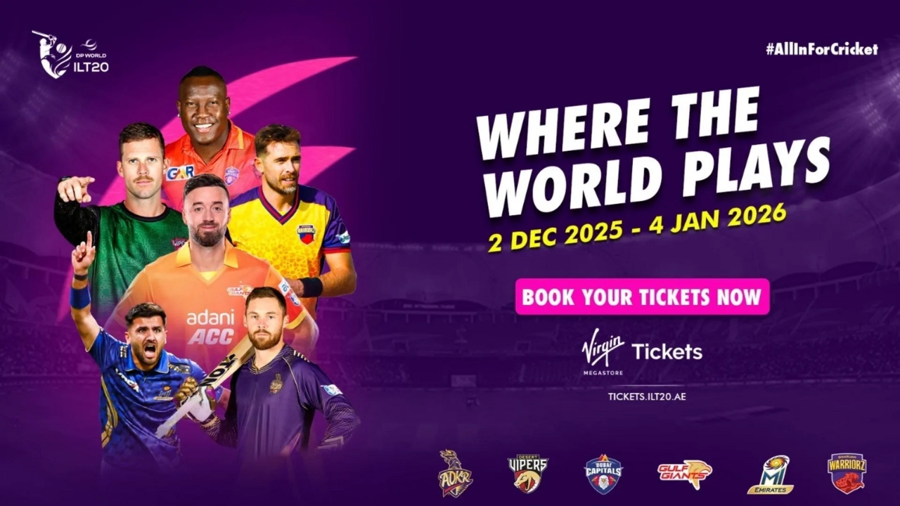 DP World ILT20 2025–2026 promotional poster featuring international cricketers and franchise team logos with ticket details