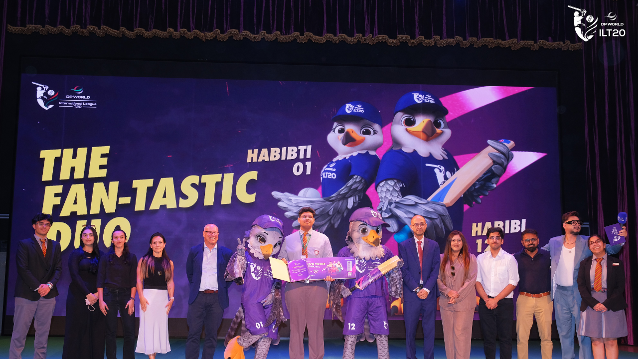 ILT20 league unveils mascots Habibti and Habibi during the Fan-tastic Duo launch event, with organizers and attendees posing on stage