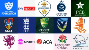 Collage of international and regional cricket organization logos including ECB, Cricket Australia, PCB, Sky Sports, Sussex, Lancashire, and more.