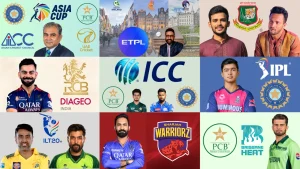 Collage featuring international cricket players, cricket board logos, and franchise league teams including ICC, IPL, PCB, BCB, Asia Cup, ILT20, and more